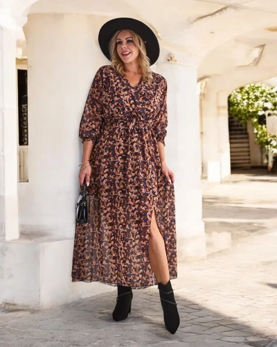 Royalfashion Camel mustriga naiste maxikleit