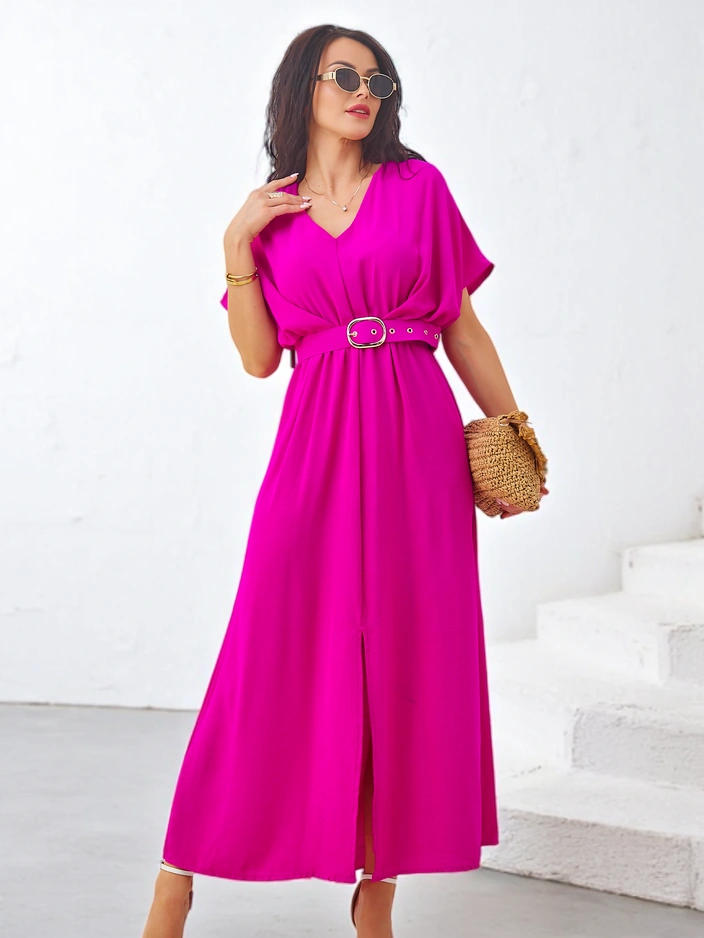 Royalfashion Women's midi dress with short sleeves, V-neck and a center slit