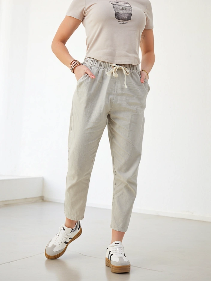 Royalfashion Cotton straight women's trousers with a tie at the waist