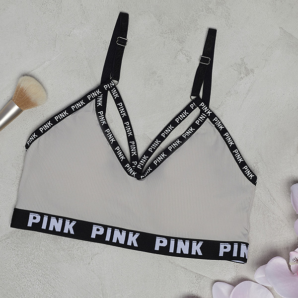 Women's gray sports bra with inscriptions - Underwear