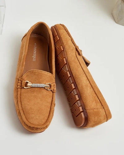 Camel Aurelia Women's Suede Moccasins with Decoration - Comfort and Style on a Flat Heel