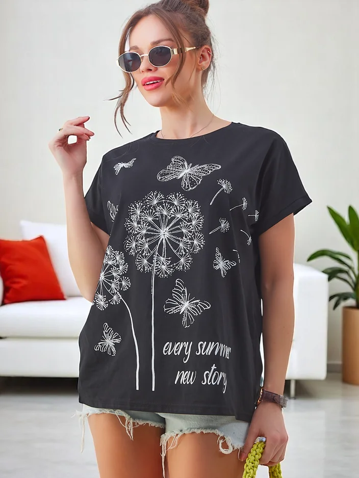 Royalfashion Women's cotton t-shirt with dandelions and a butterfly