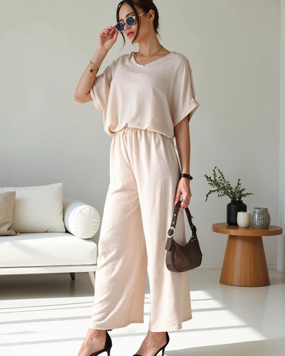 Royalfashion Women's casual set with a short sleeve blouse and wide pants