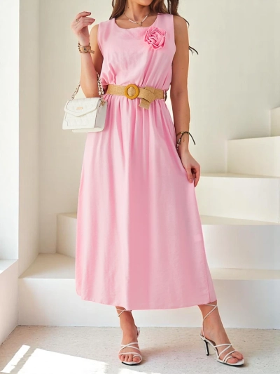 Royalfashion Naiste midi kleit rihmadega, ümar kaelus dekoratiivse lilledega