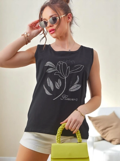Royalfashion Cotton women's tank top with rhinestones FLOWERS