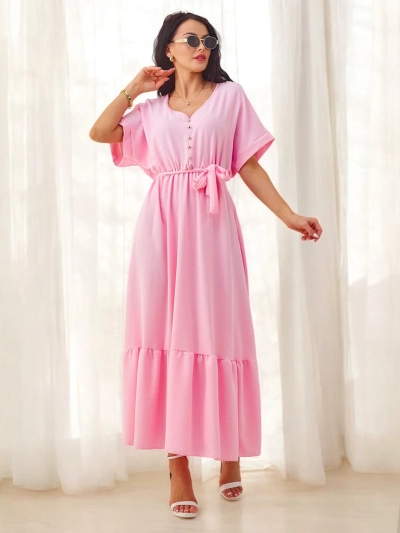 Royalfashion Women's midi dress with short sleeves and decorative buttons