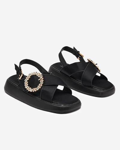 Mustast kangast naiste sandaalid lameda talla tsirkooniumoksiidiga Senire - Jalatsid