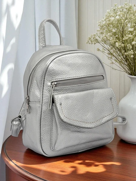 Selene Silver Faux Leather Women's Backpack by Królewska Moda, 25x25 cm