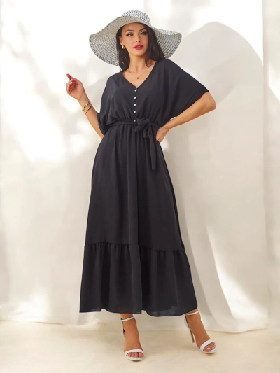 Royalfashion Women's midi dress with short sleeves and decorative buttons