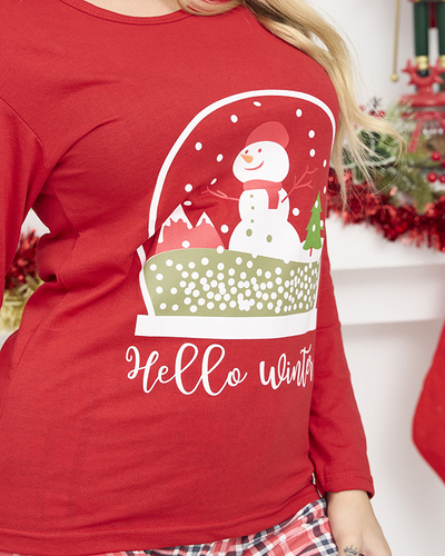 Red women's 2-piece pajamas with snowman- Clothing