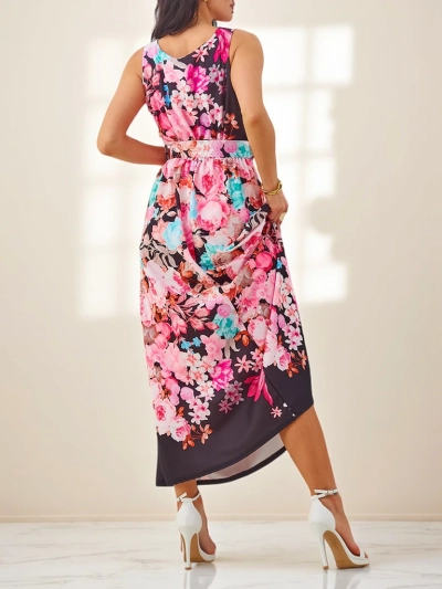Royalfashion Women's midi dress made of viscose, with straps and a belt in various floral patterns