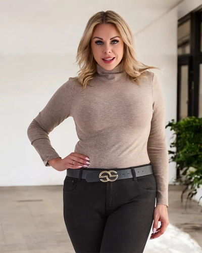 Women's half turtleneck sweater in light brown- Clothing