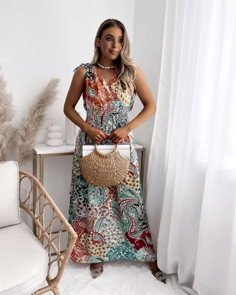 Patterned green and orange women's midi dress Clothing