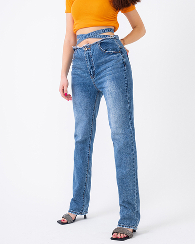 Blue boyfriend jeans with decorative belt for women - Clothing
