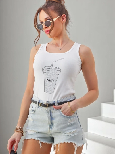 Royalfashion Cotton women’s tank top with a cup adorned with rhinestones