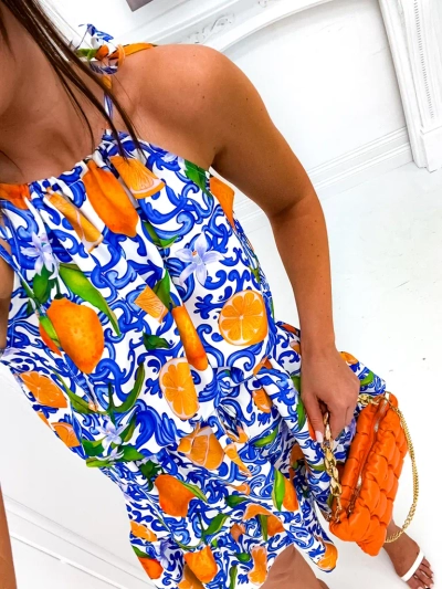 Royalfashion naiste minikleit rihmadega ja vööga, trendikate oranžide mustritega