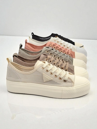 Women's Beige Callista Mesh Sneakers - Flat Heel, Summer Autumn Collection