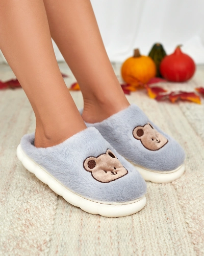 Royalfashion Blue women's fur slippers with teddy bear Hettres
