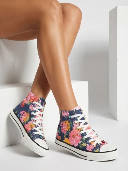 Royalfashion Women's high navy blue sneakers with Fahenna colorful floral print