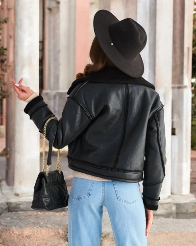 Royalfashion Women's eco leather jacket with fur in black color