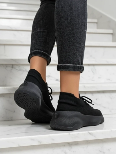 Aura Nero Women's Black Fabric Sneakers on a 4.5cm Flat Sole