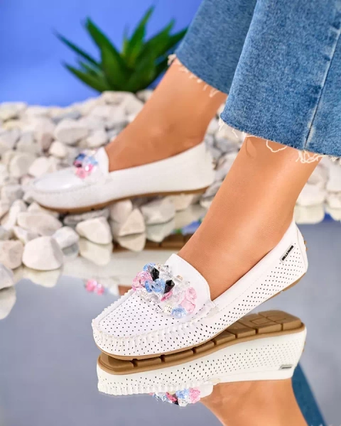 Royalfashion Women's openwork white moccasins with decorative crystals Cizzas