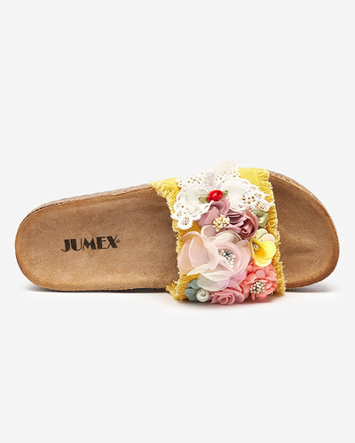 Women's slippers with fabric flowers in Ososi yellow - Footwear