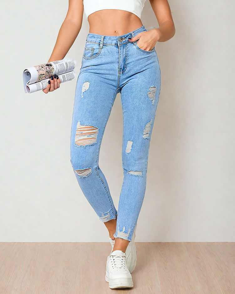 Royalfashion Women's tube jeans with rubbing