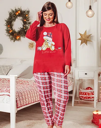 Royalfashioni jõulumustriga puuvillased naiste pidžaamad karu motiiviga PLUS SIZE