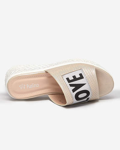 Ladies' beige shiny slippers with the words Sosha- Footwear
