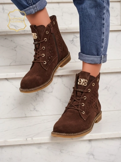 Aurelia Коричневые Замшевые Ботинки с Мехом Ажурные Элегантные 2,5 см