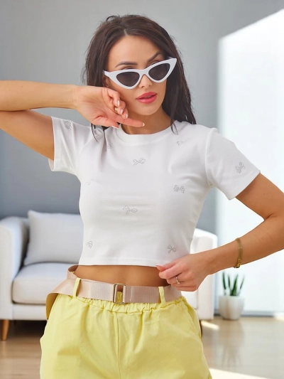 Royalfashion Women's cotton crop top with bow-shaped rhinestones