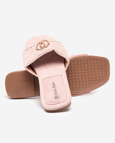 Heleroosad naiste öko-seemisnahast sussid kuldse ornamentiga Fanico - Kingad