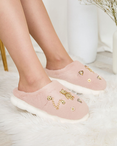 Royalfashion Pink women's fur slippers with ornaments Erserra