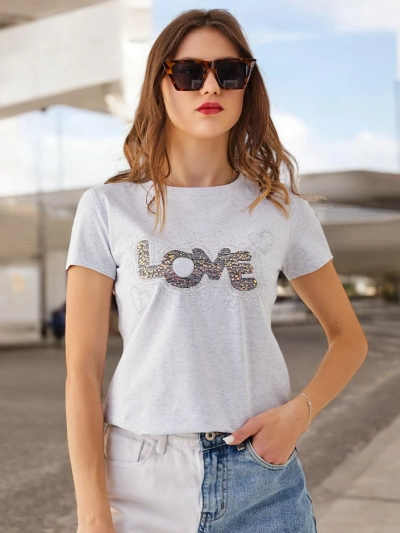 Royalfashion Женская футболка из хлопка LOVE с стразами