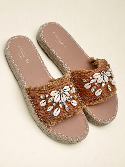Royalfashion Callista Boho Camel Flat Platform Sandals with Shells