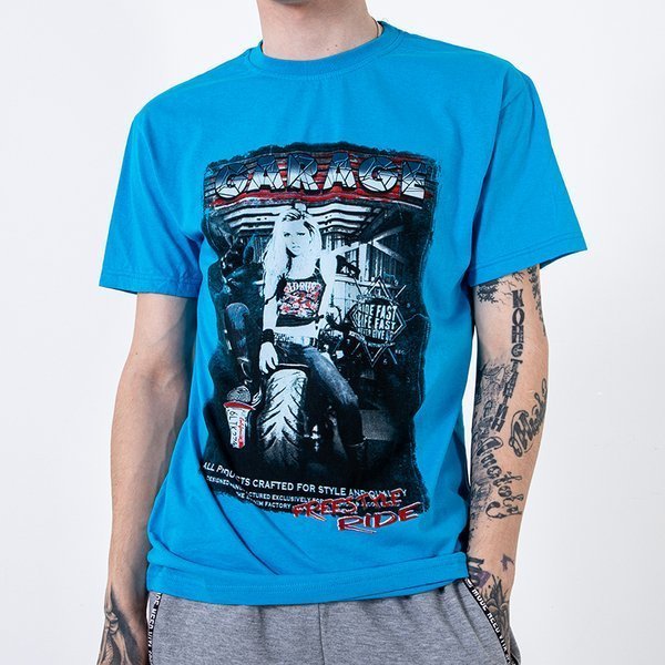 Light blue cotton men's t-shirt with print and inscription - Clothing