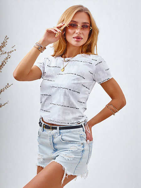 Royalfashion Women's cotton t-shirt with side drawstrings, inscriptions, and glitter