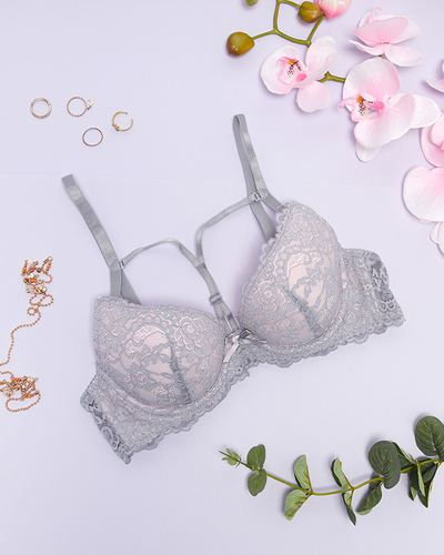 Gray and pink lace bra with straps - Underwear