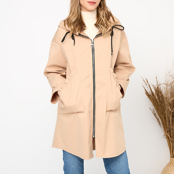 Beige women's coat jacket with hood- Clothing