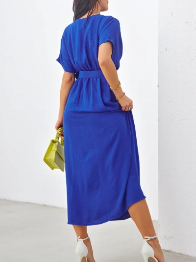 Royalfashion Women's midi dress with short sleeves, V-neck and slit in the middle