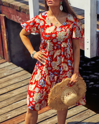 Royalfashion Red women's dress with colorful floral pattern