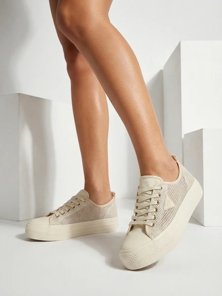 Women's Beige Callista Mesh Sneakers - Flat Heel, Summer Autumn Collection