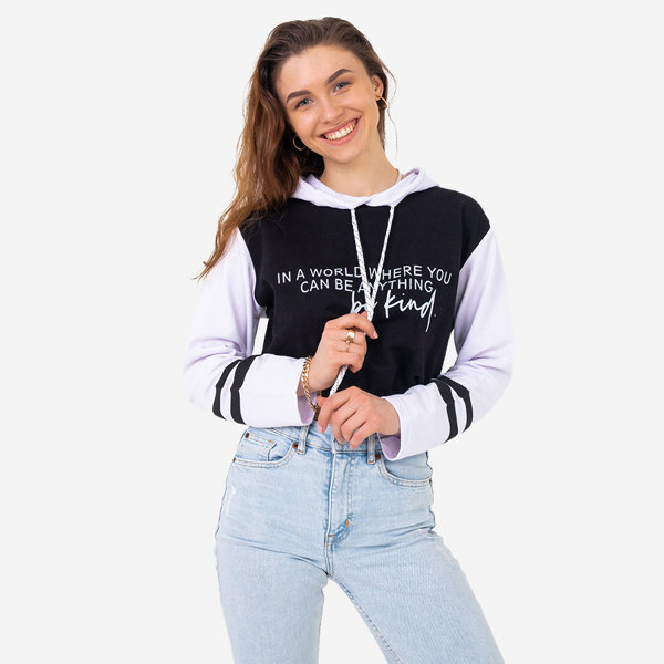 Black women's crop-top hooded sweatshirt with inscriptions - Clothing