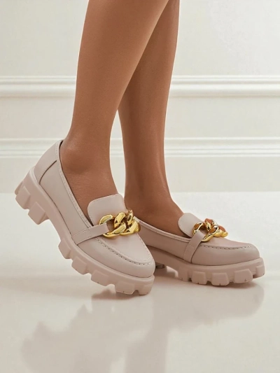 Women's beige Callista loafers with a chain, flat heel, eco-leather