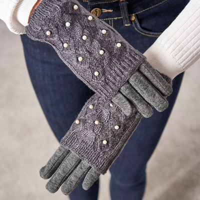 Dark gray women's mittens with pearls - Mittens