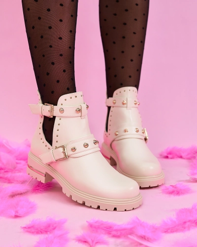 Royalfashion Cream naiste kaunistatud Jewel Walk lamedate kontsadega saapad