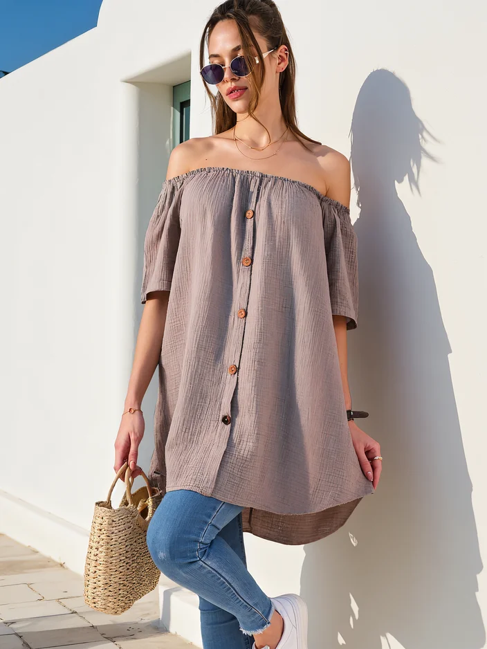 Женская блуза из хлопка Royalfashion в стиле с открытыми плечами с декоративными пуговицами
