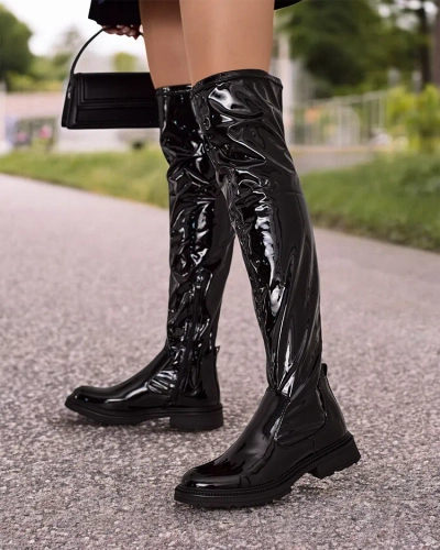Royalfashion Женские лакированные сапоги выше колена Lessdo