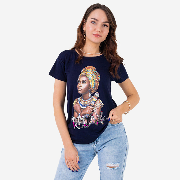 Navy blue women's t-shirt with colorful print and sequins - Clothing